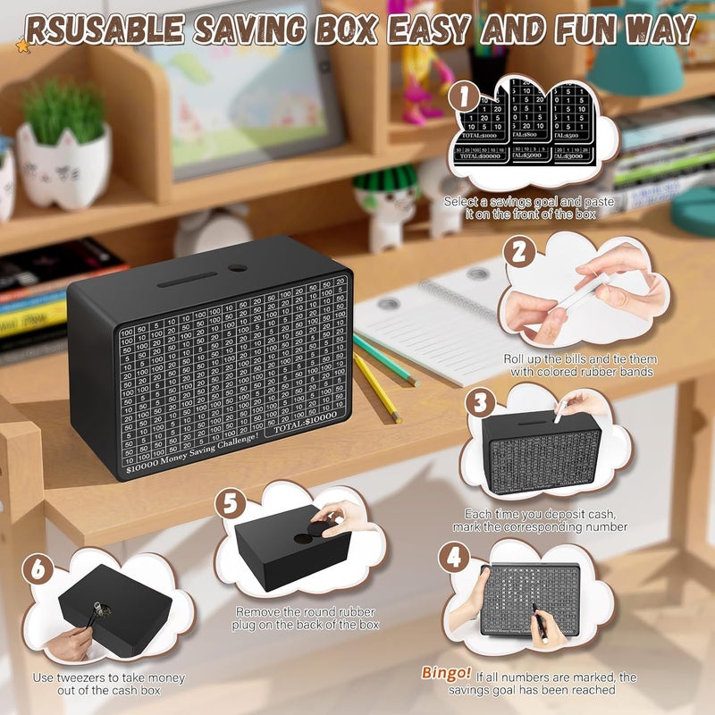 Gomyrod Wooden Money Saving Box, Cash Vault Savings Box for $10000 $5000 $3000 $1000 $800 $500 Target Money Saving Challenge, Reusable Money Box with Counter, Dry Erase Pen/Savings Trackers/Rubber Band-Black - Image 4